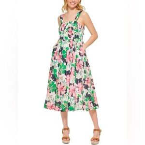 NWT Tommy Hilfiger Isla White & Pink Floral Smocked Tank Midi Dress Size 14 New